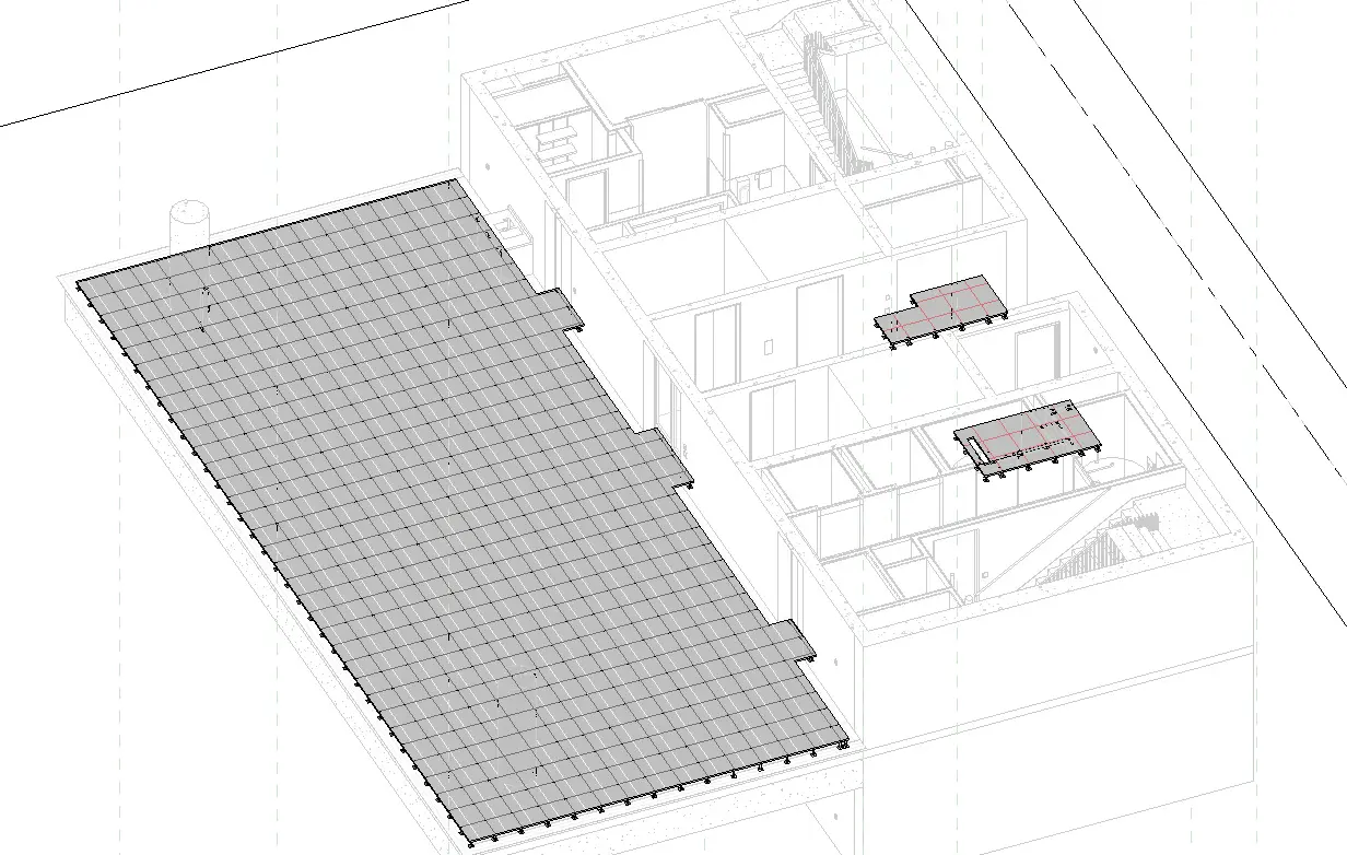 Isometric architectural drawing of a building with an exposed structural roof grid, showing internal walls, stairs, and two smaller detailed sections highlighted above the main floor.
