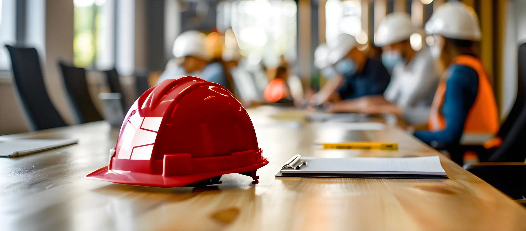 A red construction helmet sits on a conference table with clipboards and pens. In the background, people wearing safety helmets and vests are having a discussion. The scene suggests a meeting in a construction or engineering setting.