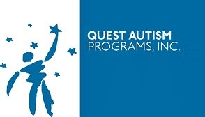 Blue and white logo for Quest Autism Programs, Inc. features a stylized figure holding a star, surrounded by three smaller stars on the left, with the organization’s name in white text on a blue background on the right.