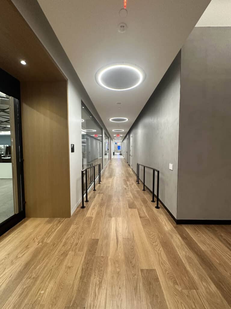 A modern office hallway with wooden floors, gray walls, glass office doors on the left, and circular ceiling lights evenly spaced along the corridor.
